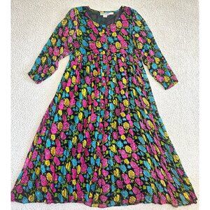 Vintage 90s Maxi Dress Beaded Button Front Crinkle Colorful Black Contrast